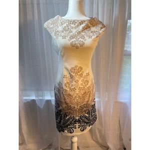 Suite 7 Size 6 Sleeveless Sheath Dress Cream w/ Brown & Black‎ pattern